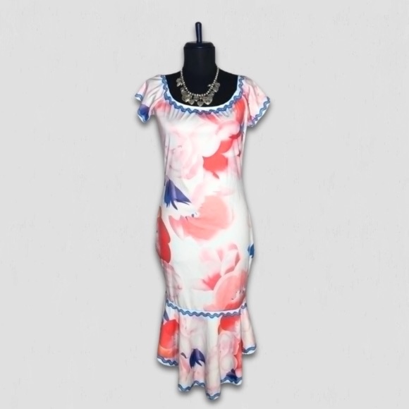 Y2K Off the Shoulder Dress Ruffled Mermaid Tropical Print Cream Pink Large - Picture 1 of 11